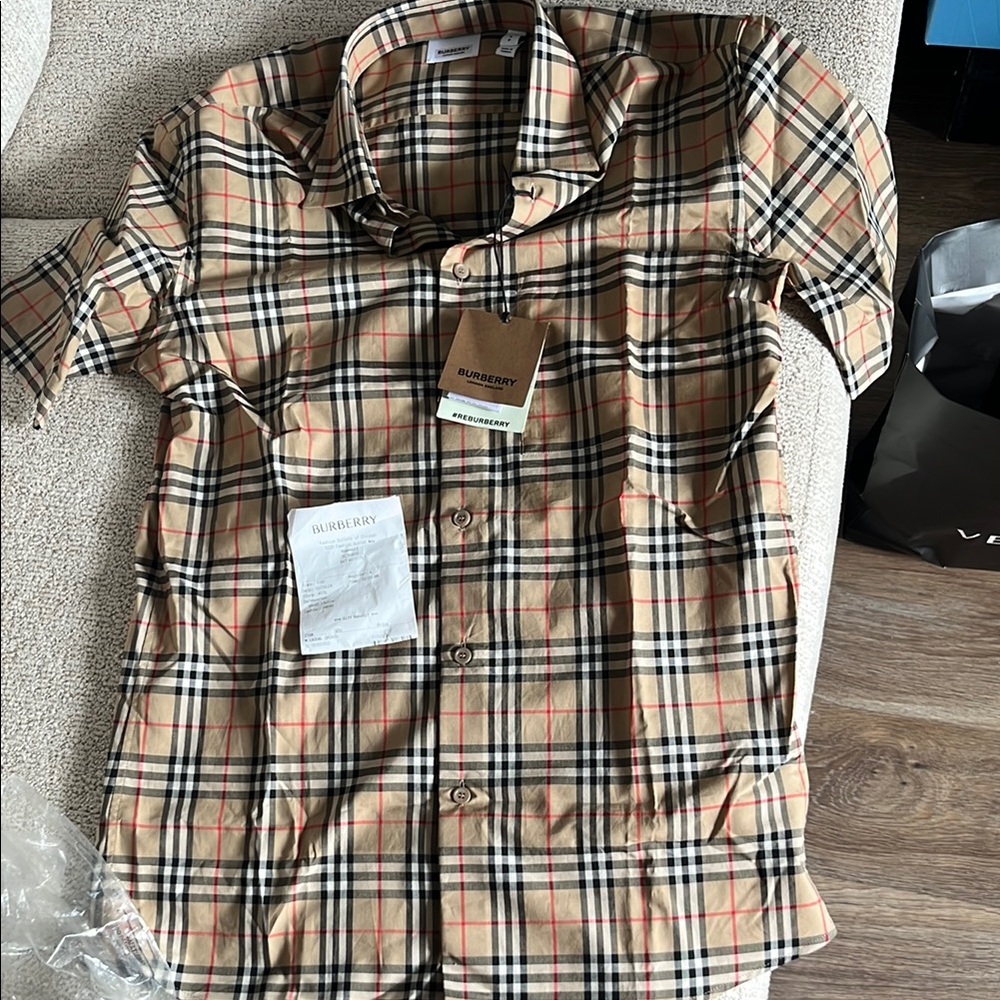 Burberry Tan and Black Short Sleeve Shirt